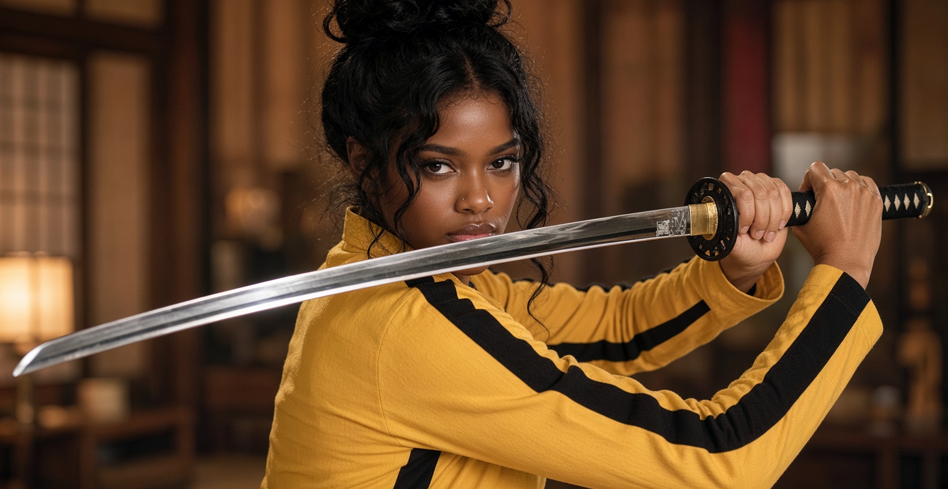 A woman in a yellow tracksuit raising a sword over her shoulder.