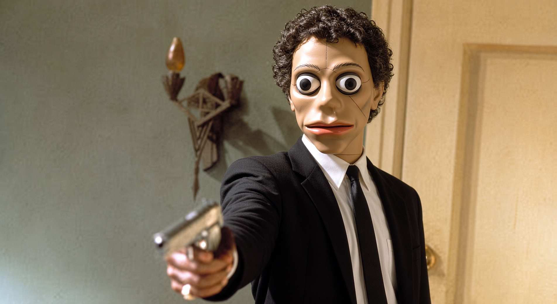 A single suited puppet character pointing a pistol down a hallway.