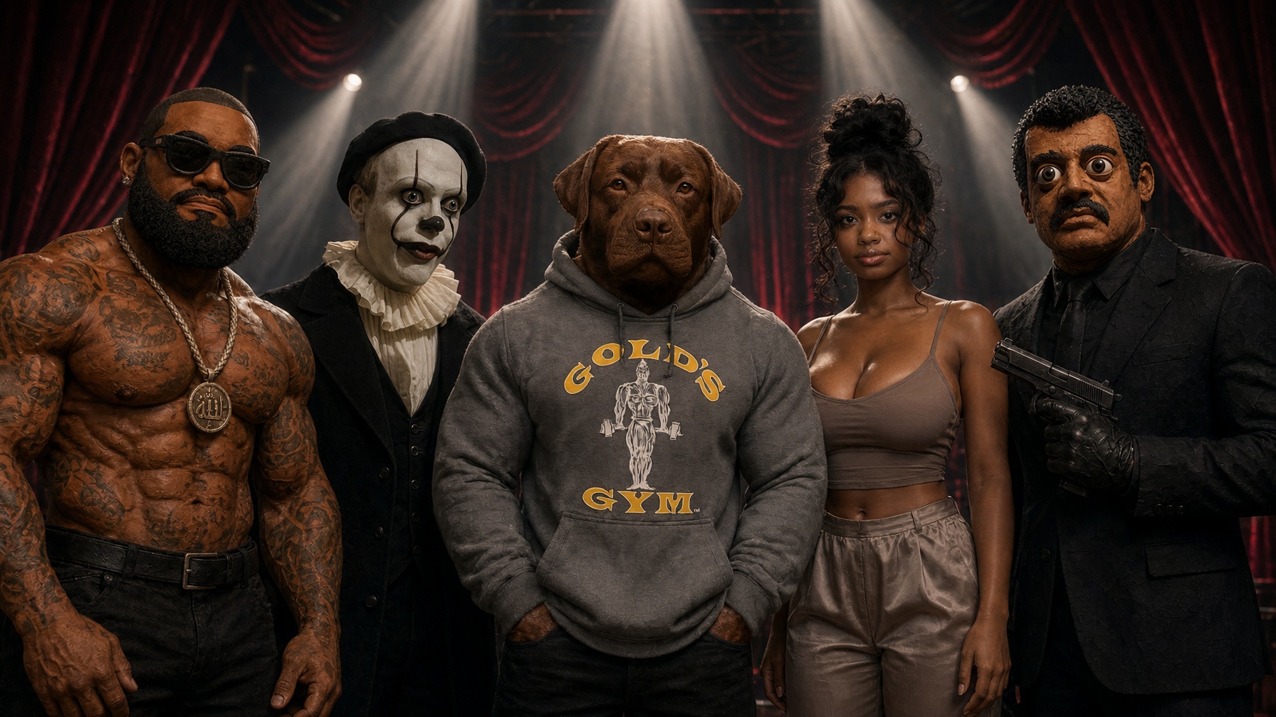Five cast members standing shoulder to shoulder in front of red stage curtains.