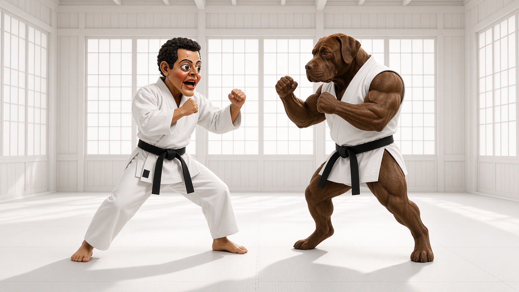 A doll in a karate suit squaring up to a muscular dog in a white dojo.